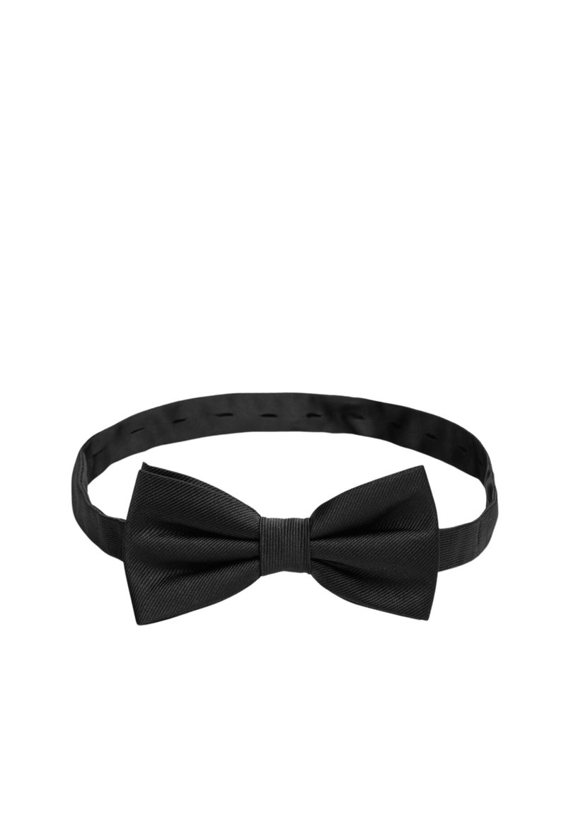 Svart fluga gjord av strukturerad tyg med satinfinish. Har design som är förknuten i förväg och en justerbar rem för en säker passform.