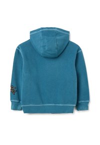 Sudadera de algodón azul con un bolsillo frontal, puños y dobladillo de canalé. Diseño con capucha y detalle bordado en la manga izquierda.