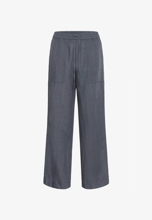Charcoal gray, wide-leg trousers made of lightweight fabric. Features an elastic waistband, drawstring, and two side pockets.