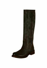 Knöchelhigh, dunkelbraune Wildlederstiefel mit glatter Oberfläche, runder Zehenpartie und niedrigem Blockabsatz. Lederakzente und einfache Nahtdetails.