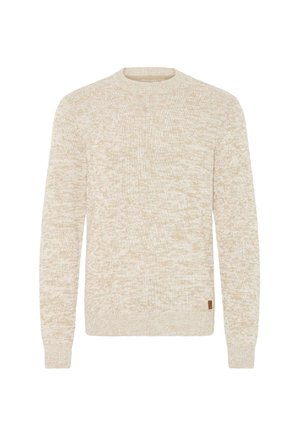 Jasno beżowy sweter dzianinowy z teksturowanym wzorem, okrągłym dekoltem i długimi rękawami. Zawiera małą brązową metkę na dole.