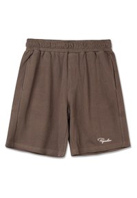 Shorts en velours côtelé marron avec une taille élastique, poches latérales et un logo subtil au bas. Tissu texturé avec des rayures verticales.