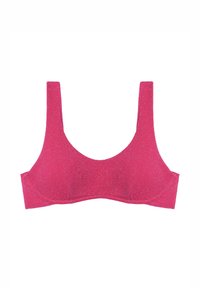 Brasile rosa con spalline larghe e scollatura a barchetta. Realizzato in tessuto testurizzato con una leggera lucentezza. Senza stecche, design senza cuciture.
