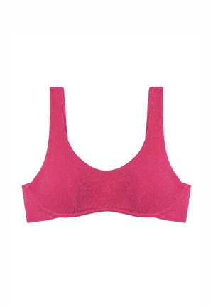Soutien-gorge rose avec de larges bretelles et un décolleté arrondi. Fabriqué à partir d'un tissu texturé avec un léger éclat. Sans armature, conception sans coutures.