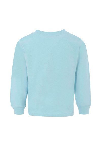 T-shirt à manches longues bleu clair en coton, avec un col rond et des poignets côtelés. Texture lisse, sans motifs ni accents visibles.