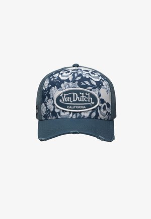 Casquette trucker bleue et grise avec un motif floral et de crâne à l'avant. Présente un logo ovale "Von Dutch California" et une visière usée.