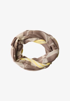 Weicher Schlauchschal aus Stoff mit geometrischen Streifen in Beige, Braun und Gelb, locker im Kreis auf weißem Hintergrund angeordnet.