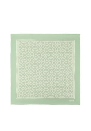 Foulard quadrato verde chiaro con motivo ripetuto di logo C intrecciato e una piccola etichetta del marchio Coach in un angolo.