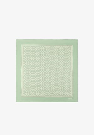 Lichtgroene vierkante sjaal met een herhalend patroon van ineengestrengelde C-logo's en een klein Coach-merklabel in één hoek.