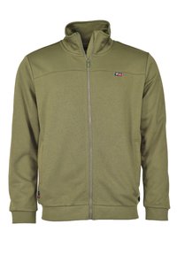 Zielona oliwkowa kurtka zapinana na zamek, wykonana z miękkiego materiału, z wysokim kołnierzem, przednimi kieszeniami i małym logo na klatce piersiowej.