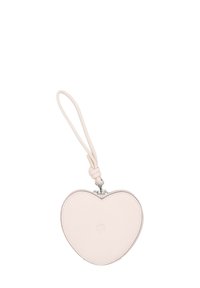 Pink heart-shaped leather pouch with a zip closure, textured surface, and a knotted wrist strap. Features subtle embossed logo detail.