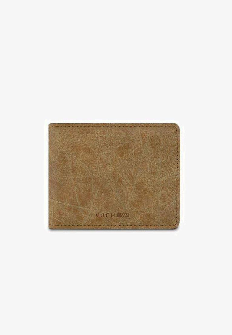Brown leather wallet with a textured surface, rounded edges, and embossed "VUCH" logo on the lower edge. Compact design for easy carrying.