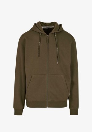 Olivově zelená mikina na zip vyrobená z měkké látky; obsahuje kapuci, dvě přední kapsy a dekorativní šňůrku s metalickými akcenty.