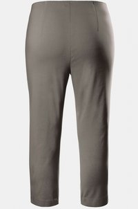 Pantalons gris coupés avec une texture lisse, présentant une taille simple et des détails de couture subtils au dos.