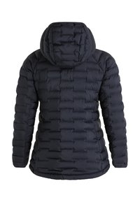 Padded, kaput odijelo u tamnoplavoj boji. Karakterizira ga kviltani dizajn, glatka tekstura i uski kroj. Elastične manžete i rub pojačavaju toplinu.