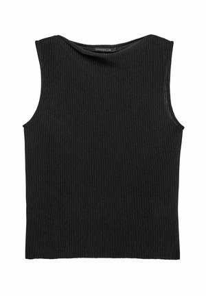 Svart ribbad ärmlös topp med rund halsringning. Har en texturerad förfabrikation och en åtsittande design. Etiketten lyder "STOCKH LM."