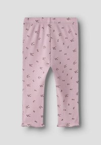 Lichtroze geribde leggings met een bloemenpatroon, voorzien van kleine bloemen in paars en groen. Elastische tailleband en gerimpelde zoom.