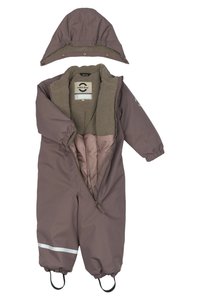 Lilla isoleeritud ühes tükis snowsuit eemaldatava kapuutsiga, elastsete varrukatega ja valge peegeldava ribaga pahkluul. Vooderdatud sisemus.