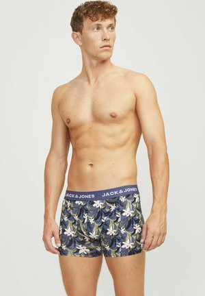 Shorts en boxer pour hommes, bleu marine avec un motif floral, dotés d'une ceinture bleue arborant le logo "JACK & JONES". Matière en coton avec une coupe ajustée.