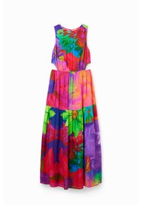 Robe maxi avec un motif floral vibrant dans des teintes de rose, vert, violet et orange. Fabriquée en tissu léger avec une taille élastique.