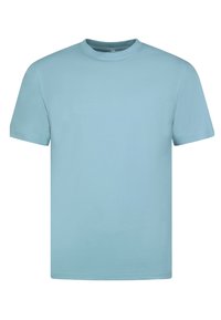 Lichtblauw katoenen T-shirt, korte mouwen, ronde hals, gladde textuur, zonder patronen of ontwerpen, rechte snit aan de zoom.