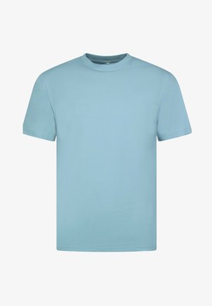 Lichtblauw katoenen T-shirt, korte mouwen, ronde hals, gladde textuur, zonder patronen of ontwerpen, rechte snit aan de zoom.