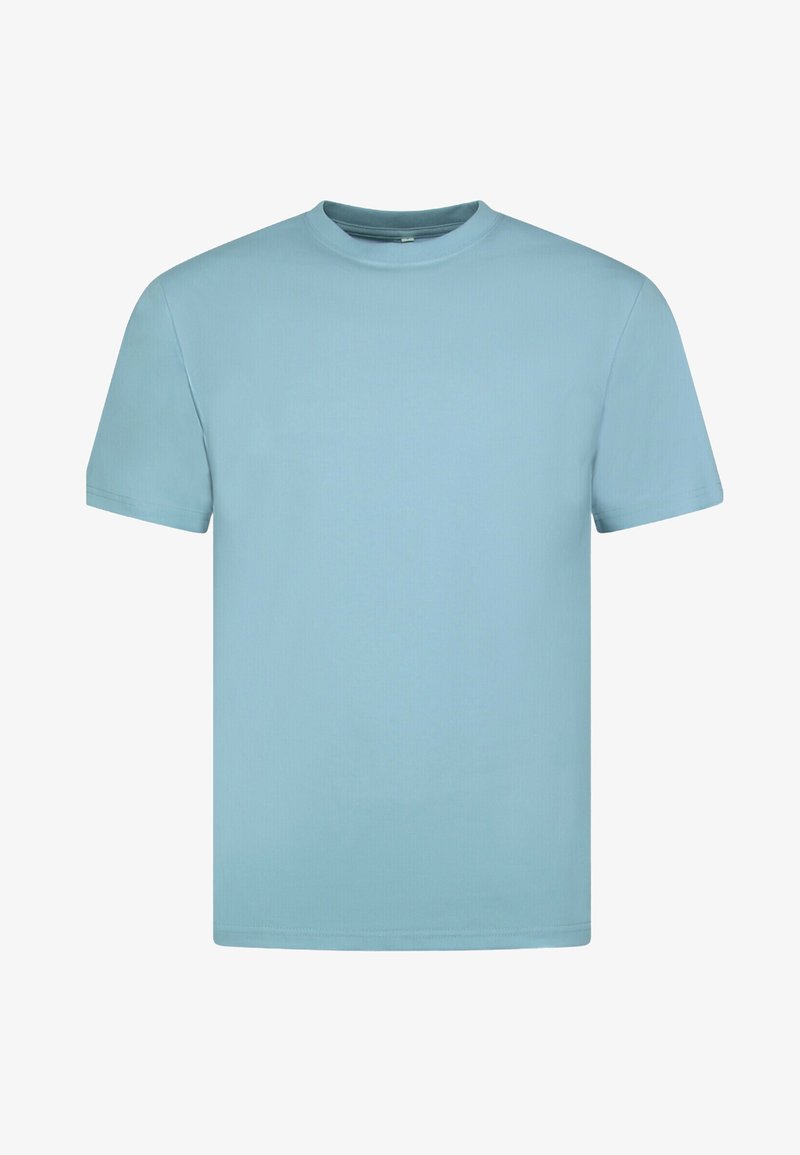 Lichtblauw katoenen T-shirt, korte mouwen, ronde hals, gladde textuur, zonder patronen of ontwerpen, rechte snit aan de zoom.