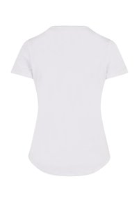 Witte t-shirt met korte mouwen en een ronde hals, gladde textuur en een gebogen zoom, met een eenvoudig, klassiek ontwerp.