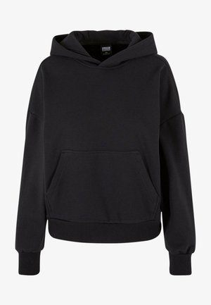 Černá mikina s kapucí vyrobená z měkké tkaniny. Má přední kapsu, žebrované manžety a lem, uvolněný střih a bez vzorů či akcentů.