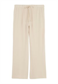 Pantalon beige clair à jambes larges avec taille élastique et cordon de serrage. Confectionné dans un tissu doux et lisse, au design simple et sans ornements.