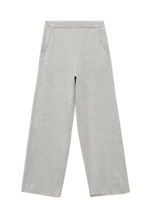 Pantaloni ampi grigi realizzati in tessuto morbido. Presentano un elastico in vita, tasche laterali e una superficie liscia senza motivi visibili.