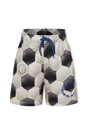 Shorts made of fabric with a textured surface, featuring a black-and-white soccer ball hexagonal pattern and a blue drawstring.