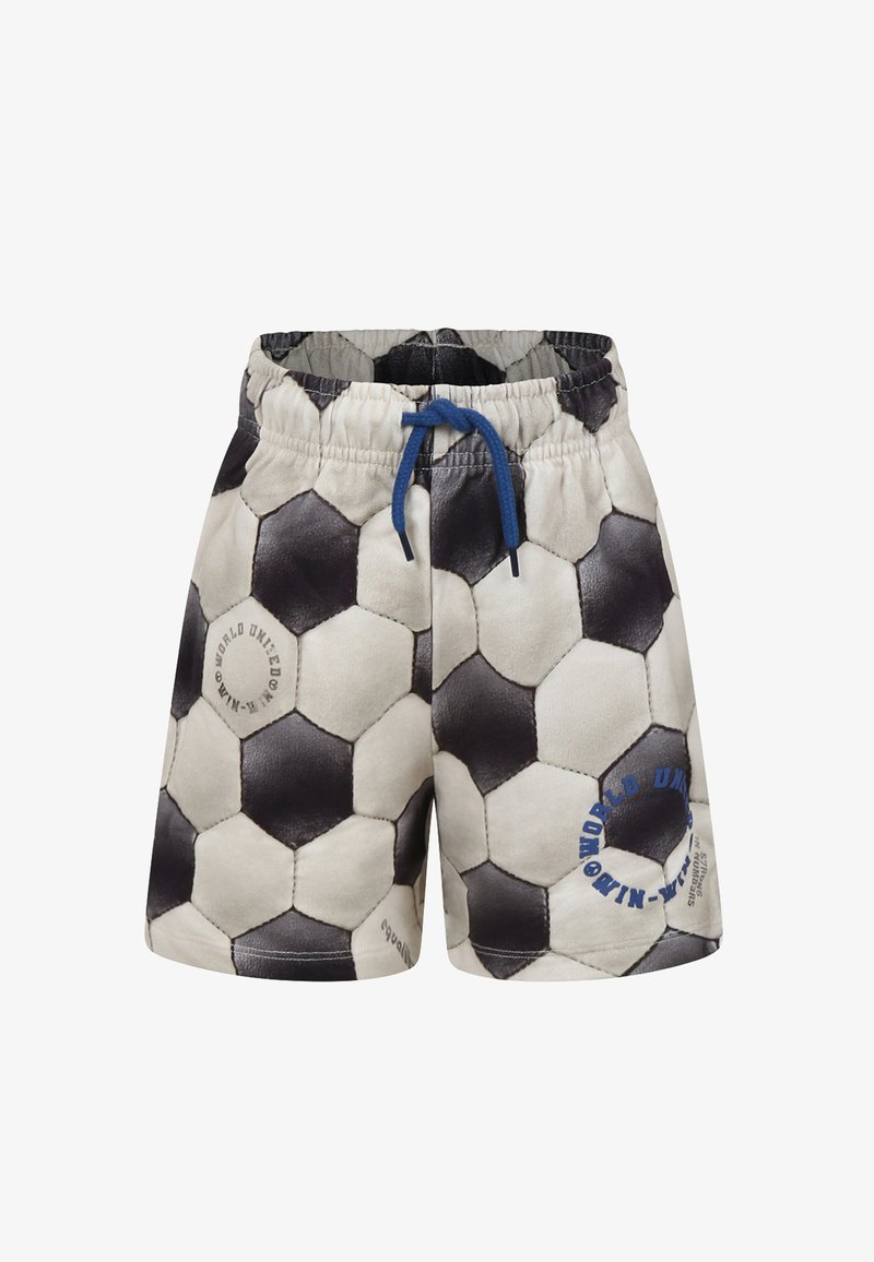 Pantaloni corti realizzati in tessuto con una superficie testurizzata, caratterizzati da un motivo esagonale a pallone da calcio bianco e nero e una coulisse blu.