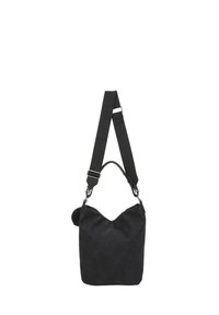 Zwarte schoudertas met brede, verstelbare schouderband, kleine ronde pouch eraan bevestigd, en een zachte, licht slappe rechthoekige vorm.