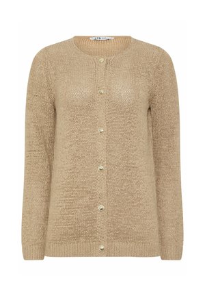 Beige gestrickte Strickjacke mit langen Ärmeln, Rundhalsausschnitt und sechs goldenen Knöpfen vorne.