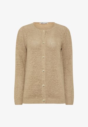 Beige gestrickte Strickjacke mit langen Ärmeln, Rundhalsausschnitt und sechs goldenen Knöpfen vorne.