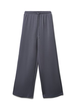 Pantaloni larghi grigi realizzati in tessuto morbido, dotati di un elastico in vita con cordino e una superficie liscia senza motivi.