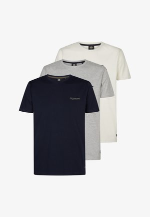 Set aus drei T-Shirts in Marineblau, Grau und Weiß. Rundhalsausschnitt, kurze Ärmel, aus Baumwollmaterial. Mit kleinem Logo auf der Vorderseite.