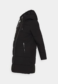 Schwarze gepolsterte Winterjacke mit Kapuze, Frontreißverschluss, seitlichem Reißverschluss und langen Ärmeln, vor einem schlichten weißen Hintergrund präsentiert.