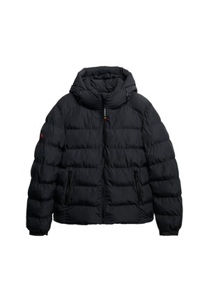 Black puffer jacket with a hood, featuring horizontal quilted panels, two zippered front pockets, and an elasticized hem and cuffs.