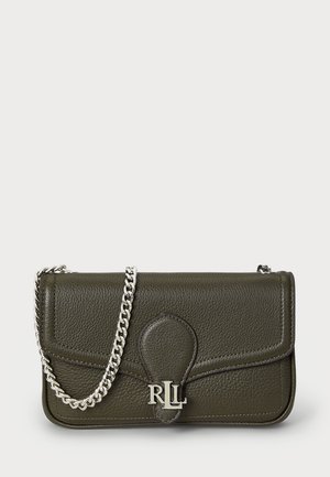 Olive-green leather crossbody bag with a textured finish, silver chain strap, and a prominent logo closure detail.