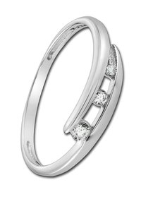 Bague ouverte en argent avec trois petits diamants ronds disposés en ligne courbe sur un côté.