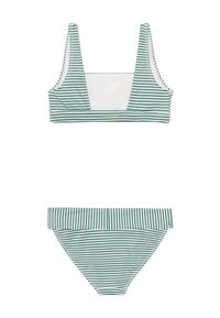 Set di bikini a righe verde e bianco. Il top presenta un scollo quadrato e spalline larghe; il fondo ha una vita pieghevole e una forma standard.