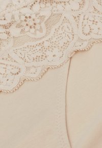 Béžové spodní prádlo s jemným krajkovým lemem a květinovými vzory. Měkká struktura materiálu a hladký povrch, které zdůrazňují složité krajkové okraje.