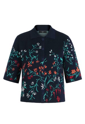 Cárdigan azul marino de manga corta con cuello, botones al frente y bordado floral multicolor en verde, rojo, naranja y blanco.