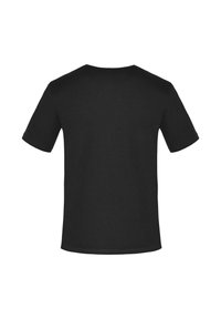 Schwarzes Kurzarm-T-Shirt aus glattem Baumwollstoff. Verfügt über einen klassischen Rundhalsausschnitt und ein schlichtes, ungeschmücktes Design mit geradem Saum.