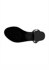 Black sandal featuring a smooth sole, wide strap over the foot, and a slender ankle strap with a buckle. Textured bottom for grip.