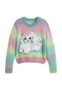 Strickpullover mit einem Pastellverlauf von Pink zu Grün, mit einem flauschigen weißen Katzenmotiv und einer pinken Schleife, rundem Halsausschnitt und gerippten Bündchen.