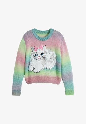 Kötött pulóver pasztell színátmenettel rózsaszínből zöldbe, bolyhos fehér macska mintával és rózsaszín masnival, kerek nyakkivágással és bordázott mandzsettákkal.