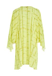 Kimono giallo in chiffon con un motivo testurizzato e strisce verde chiaro. Vestibilità ampia con maniche fluide e scollatura rotonda.